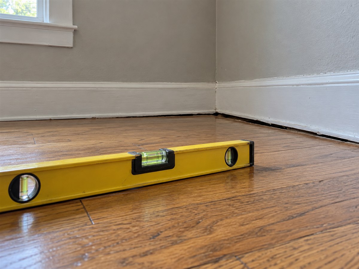 Level resting on a floor that slopes toward one corner of the room