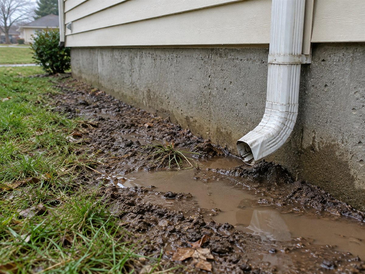 Muddy ground with standing water along the side of a house foundation