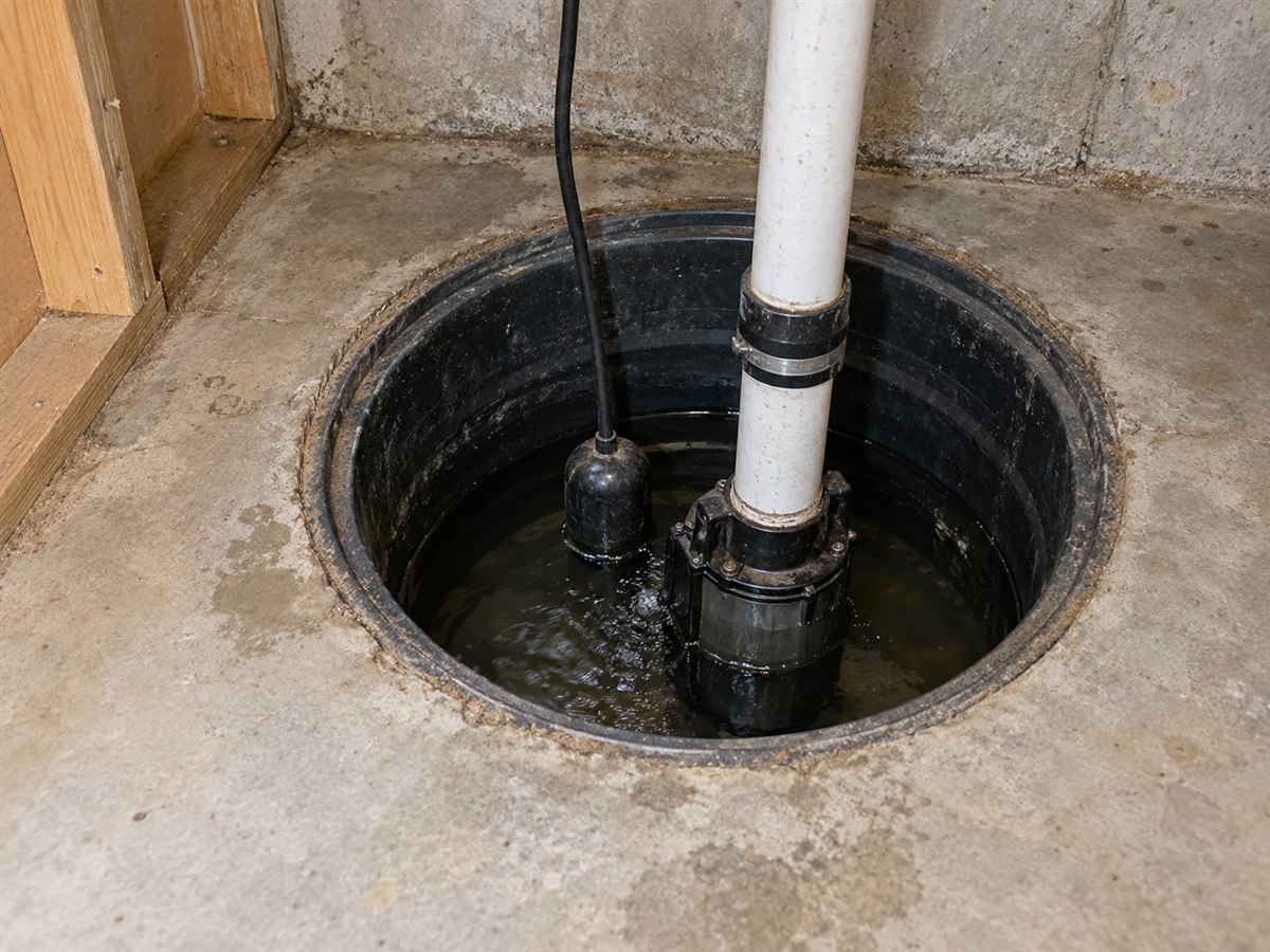 Sump pump in a basin with water in the pit