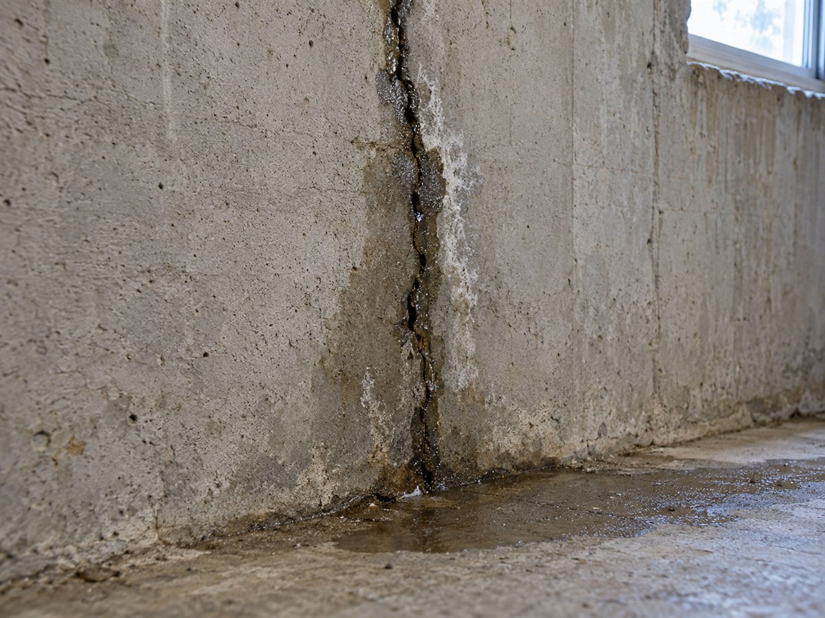 Water seeping through a crack in a poured concrete basement wall