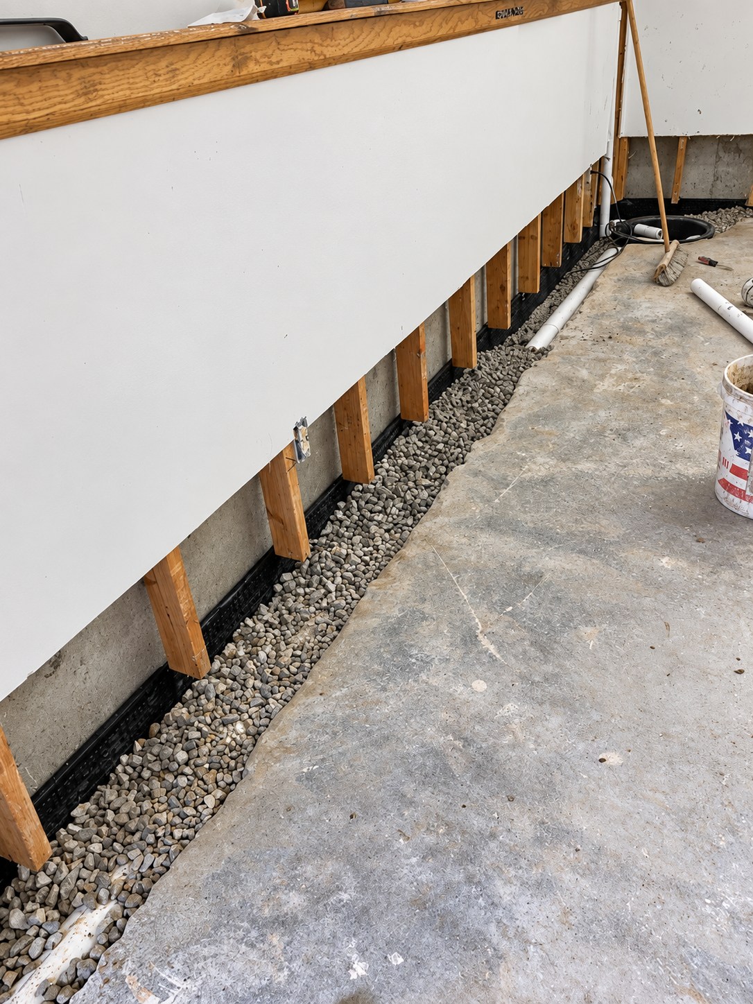 Interior drain tile trench filled with gravel along the base of a basement wall